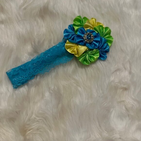Aqua, Green and Yellow 3 1/2" Satin Flower Cluster on Lace FOE Headband - Picture 1 of 1